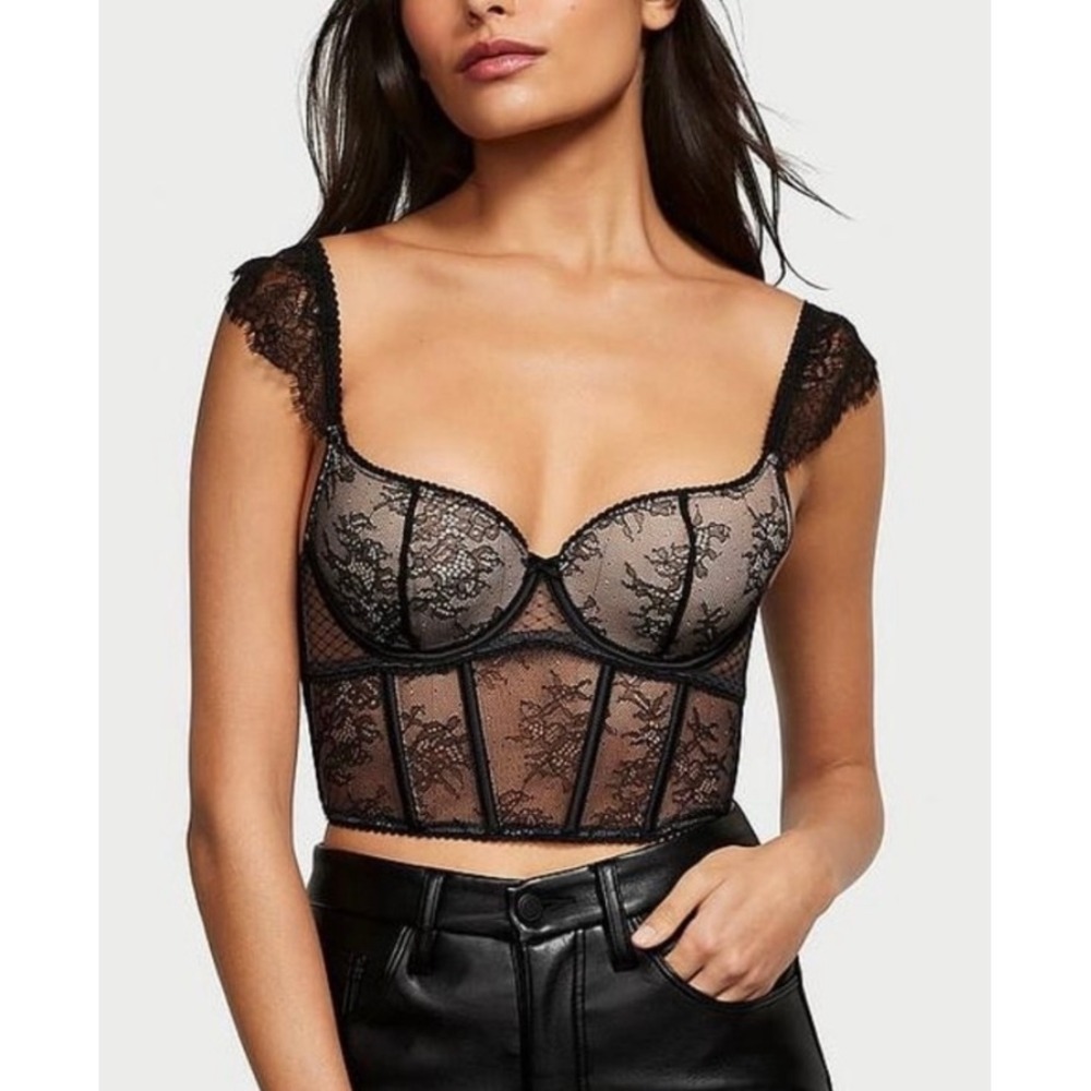 Victoria's Secret Dream Angels Black Lace Mesh Cap Sleeve Corset Top 34 DD E75